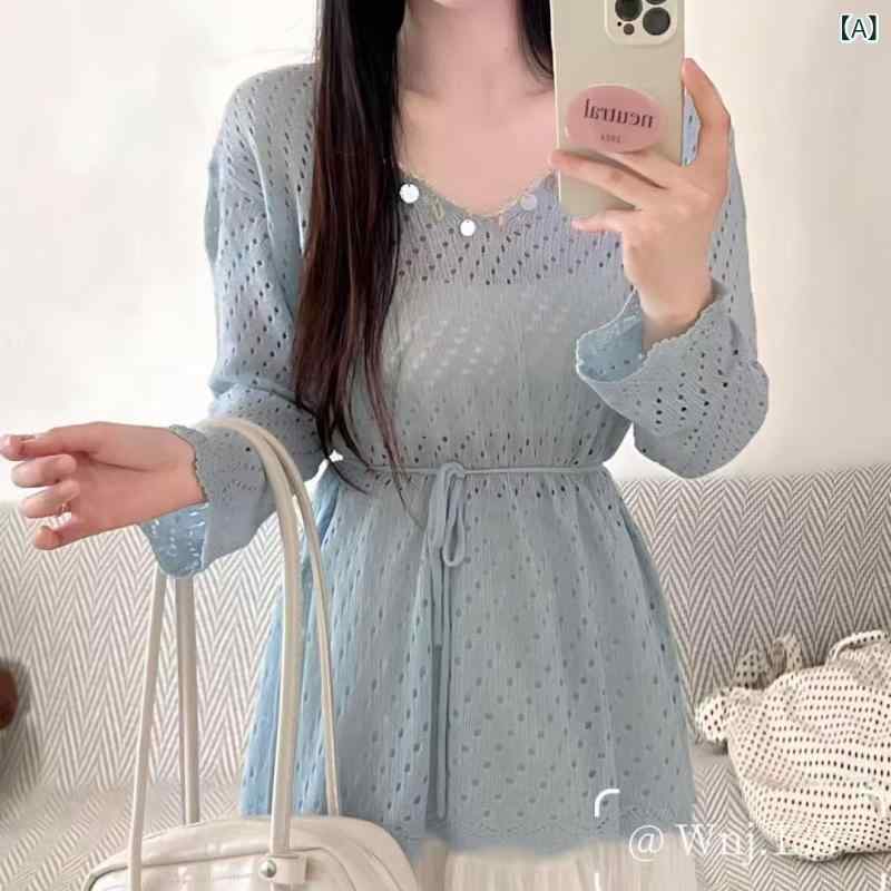 ニット レディース 春夏 エレガント Vネック 長袖 ウエストマーク リボン 透かし編み シアー スパンコール UVカット ゆったり 通勤 オ..