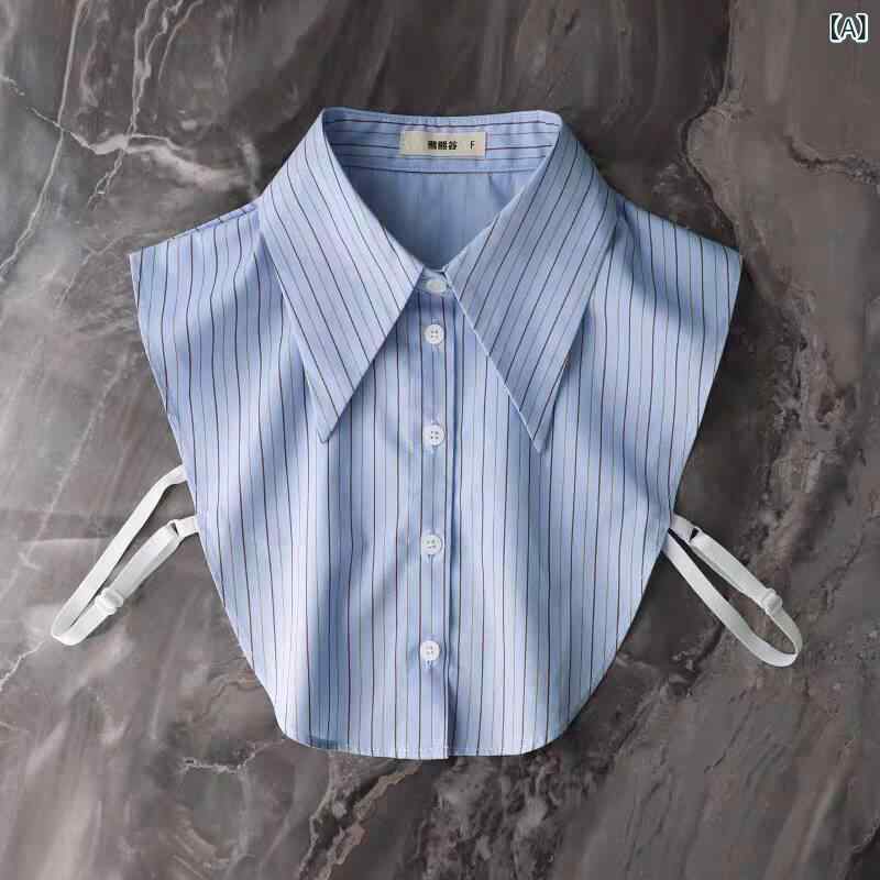 付け襟 レディース 女性用 大襟 尖り襟 ストライプ柄 ブラウス風 綿 コットン 多機能 ブルー 重ね着 レイヤード インナー セーター合わせ OL通勤 オフィス カジュアル きれいめ 春