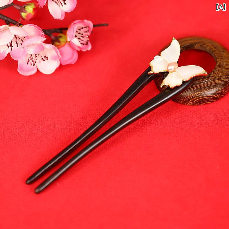 かんざし レディース 黒檀 木製 U字型 二本挿し 普段使い まとめ髪 アップスタイル 髪飾り レトロ クラシカル 中華風 揺れる飾り