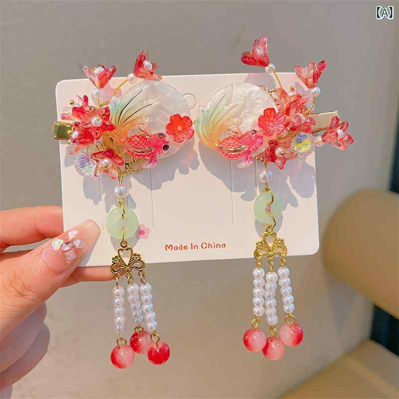 ヘアクリップ キッズ 女の子 中国風 古風 漢服 和装 花モチーフ パール チャーム 髪飾り ヘアピン メタ..