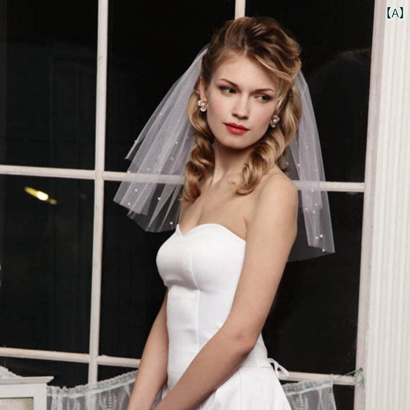 ヘッドドレス ブライダル 花嫁 ウェディング 結婚式 前撮り ロケーションフォト ショート丈 ダブルレイヤー パール コーム付き シンプル 韓国風 ボリューム 硬質チュール 白