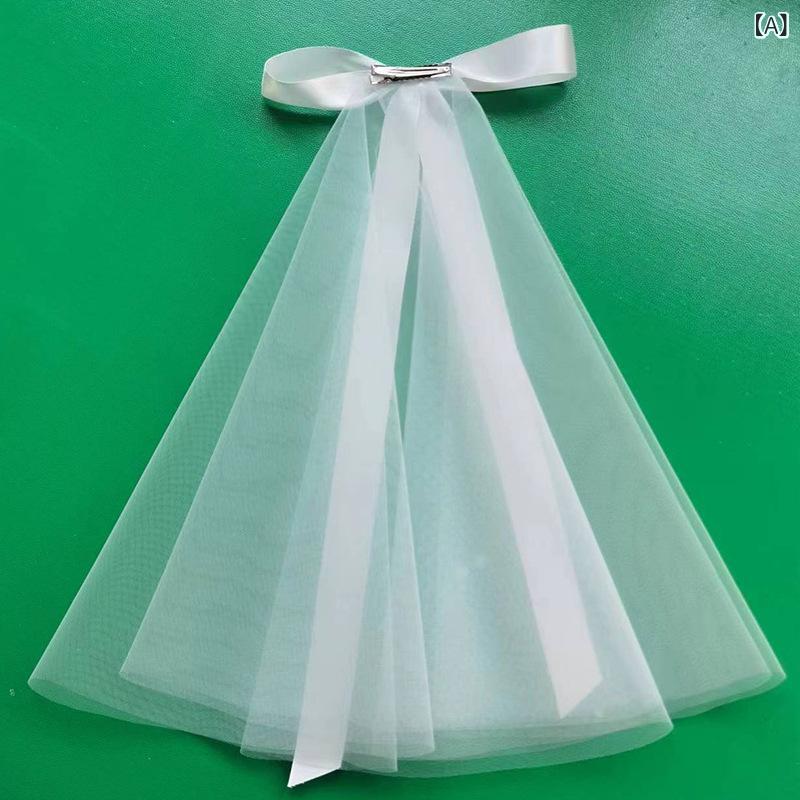 ベール レディース ウェディング ショート丈 ブライダル 挙式 結婚式 披露宴 フォトウェディング 前撮り 後撮り シンプル 清楚 リボン チュール 2層式 オフホワイト アイボリー 軽やか 柔らかな エレガント 春夏