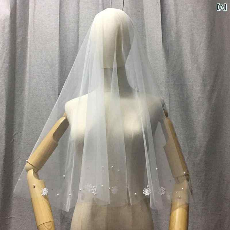 ウェディングベール レディース 花嫁 ショート丈 チュール ホワイト シンプル 韓国風 ビーズ装飾 エレ..