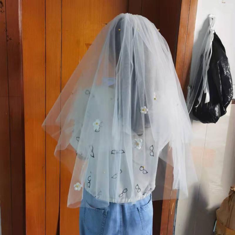 ベール レディース 女性用 ウェディング 結婚式 ブライダル 挙式 前撮り 披露宴 ナチュラル 森ガール風 欧米風 フラワー 花柄モチーフ 2層 ダブル ソフトチュール パールビーズ 白 ホワイト ゴールド