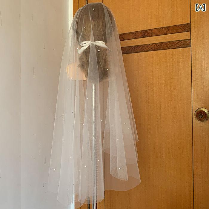 ウェディングベール レディース 花嫁 ブライダル パール ラインストーン ビーズ ホワイト シンプル 上品 クラシック レトロ ヴィンテージ かわいい 1.5メートル丈 前撮り ロケーションフォト 上質チュール インフルエンサー