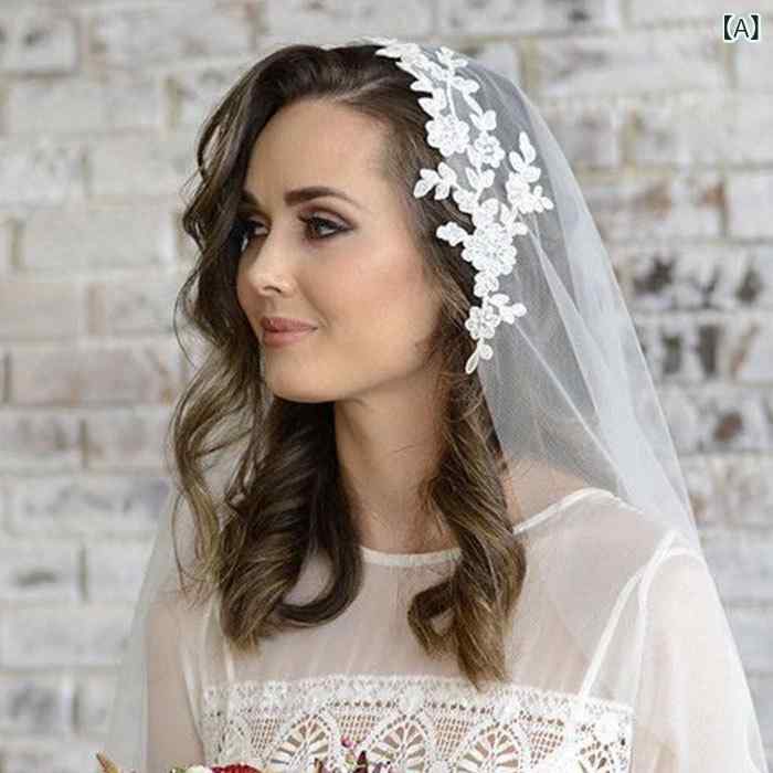 ベール レディース 女性用 ブライダル ウェディング 結婚式 挙式 前撮り フォトウェディング 欧米風 ショート丈 レース ソフトチュール 単層 花柄 高品質 柔らかな エレガント 上品 かわいい ホワイト