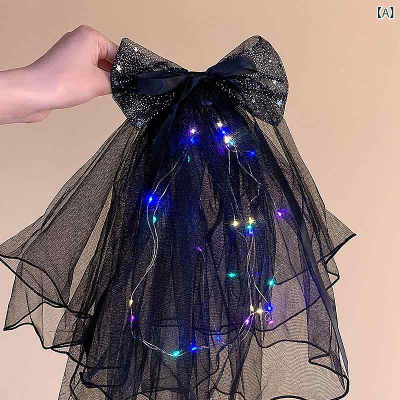 ヘッドドレス レディース ハロウィン コスプレ 黒 ベール 発光ビッグリボン 二重チュール ヘアクリップ..