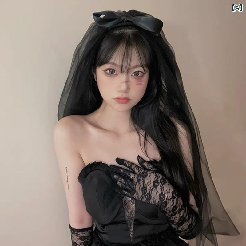 髪飾り レディース レトロ ゴシック ロリータ ブラック リボン チュール 二層式 ヘッドベール 誕生日 ..