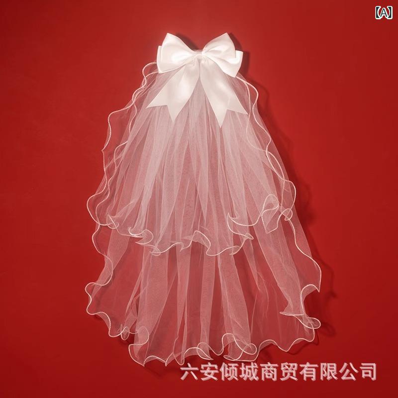 ウェディングベール レディース プロポーズ 入籍 結婚式 婚約 ショート丈 シンプル 高級感 華やか 撮影小物 フォトウェディング 前撮り 後撮り チュール リボン パール スイート かわいい フェミニン