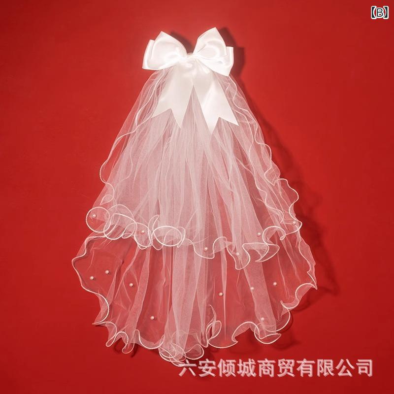 narukiのウェディングベール レディース プロポーズ 入籍 結婚式 婚約 ショート丈 シンプル 高級感 華やか 撮影小物 フォトウェディング 前撮り 後撮り チュール リボン パール スイート かわいい フェミニン｜アングル2