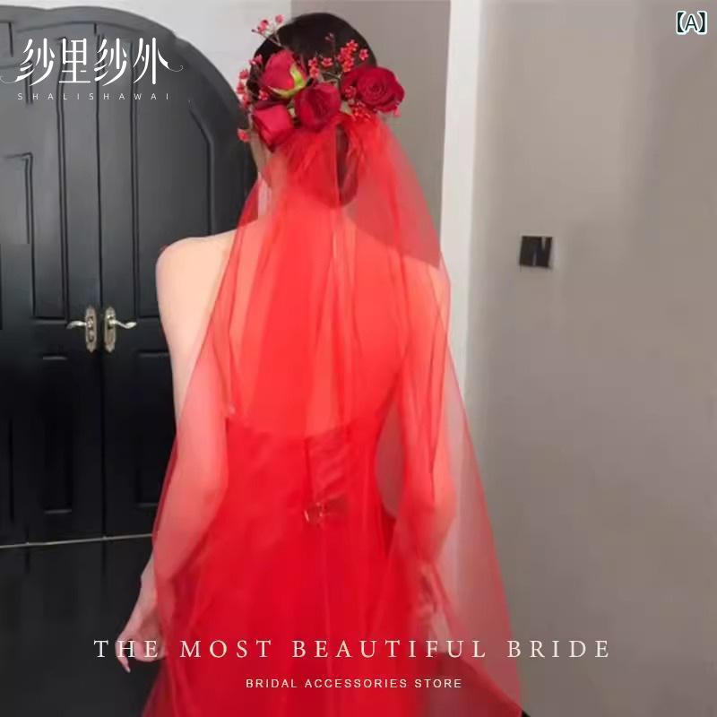 ウェディングベール レディース シングルレイヤー ロング チュール フェイスアップ レッド 個性的な 結婚式 挙式 披露宴 前撮り フォトウェディング ソフト