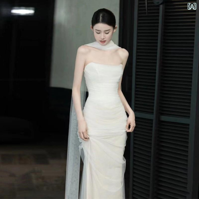 ショール レディース ブライダル 新婦 結婚式 エレガント 上品 ロング丈 ネックベール マーメイドライン シアー素材 フォトウェディング 前撮り 撮影用 ホワイト レッド ブラック