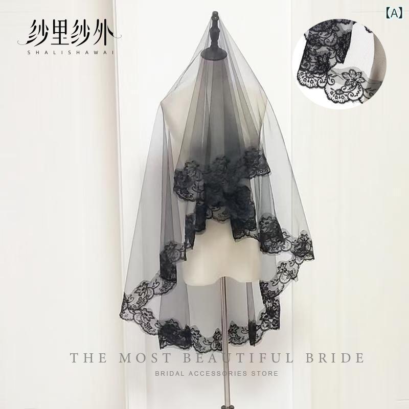 ベール レディース ハロウィン ゴーストブライド 幽霊花嫁 黒色 ブラック レース チュール素材 レトロ ..