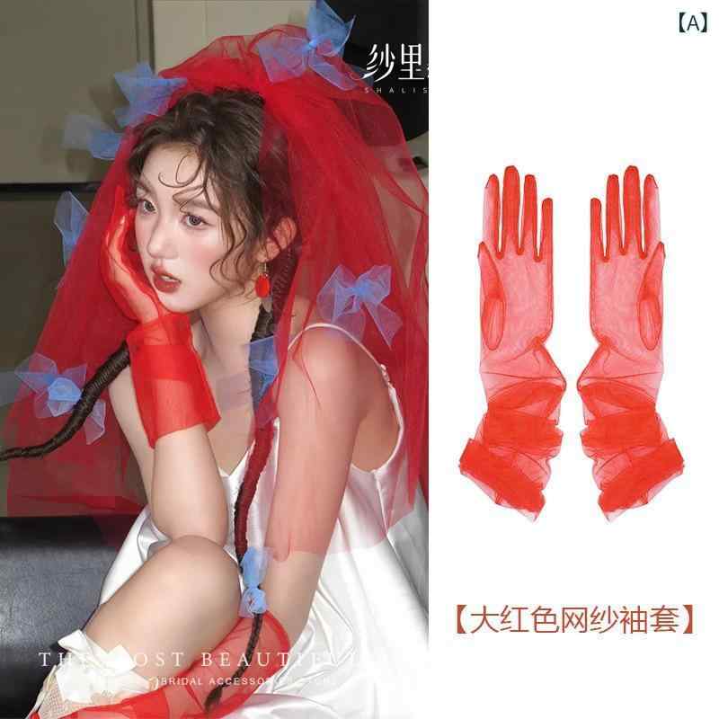 ブライダル ヘッドドレス ベール リボン レッド ブルー ゴシック レトロ チュール素材 ダブルレイヤー ..