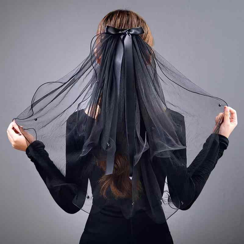 ベール 花嫁 ブライダル ウェディング ブラック リボン 蝶結び ショート丈 ダブル レトロ ヴィンテージ..