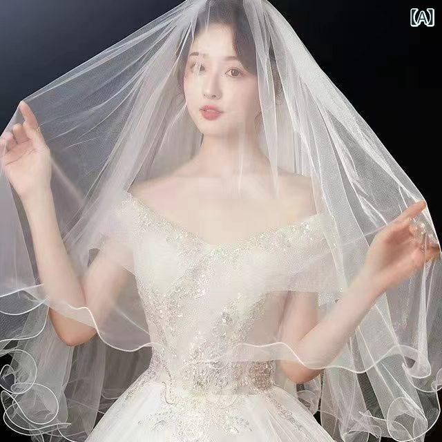 ヘッドドレス レディース 韓国風 シャンパンカラー ナチュラル 優美 ロケーションフォト ウェディング ブライダル 花嫁 ロング丈 ベール リボン 軽やか 二層 布製