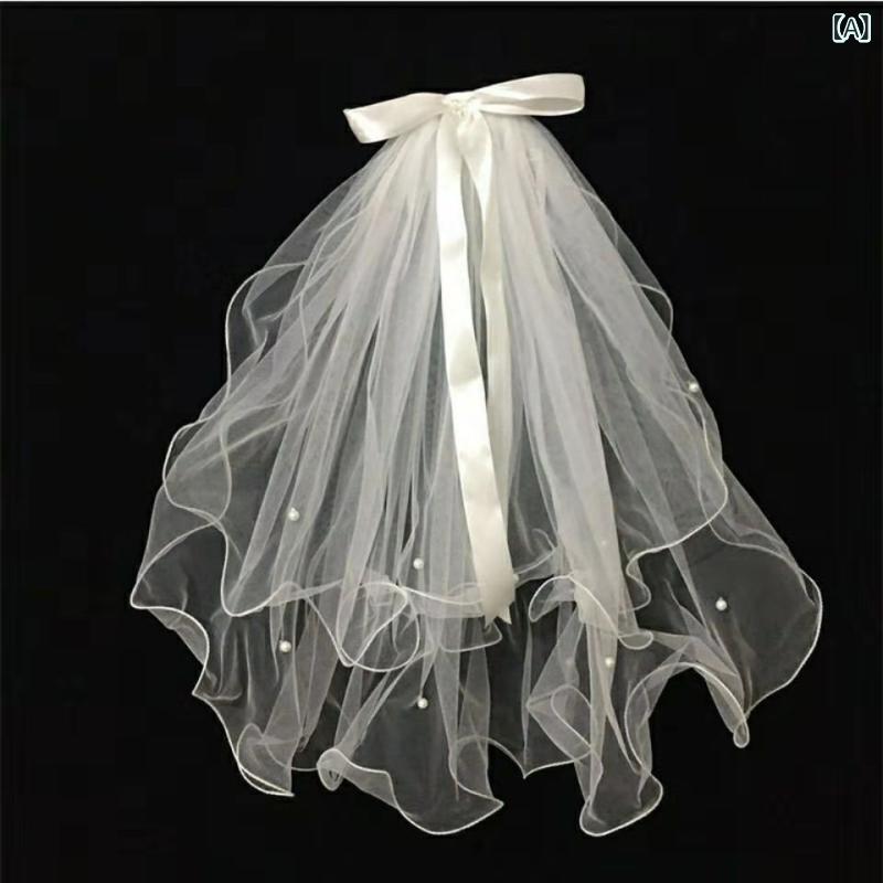 ベール レディース 女性用 ブラック パール パール リボン 蝶々結び 光る ライトアップ 二層 韓国風 ウ..