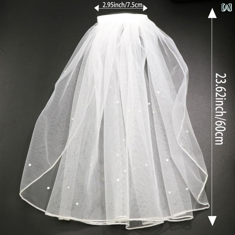 ウェディングベール レディース パール パール リボン ヘッドドレス ショート丈 二層 結婚式 挙式 前撮..