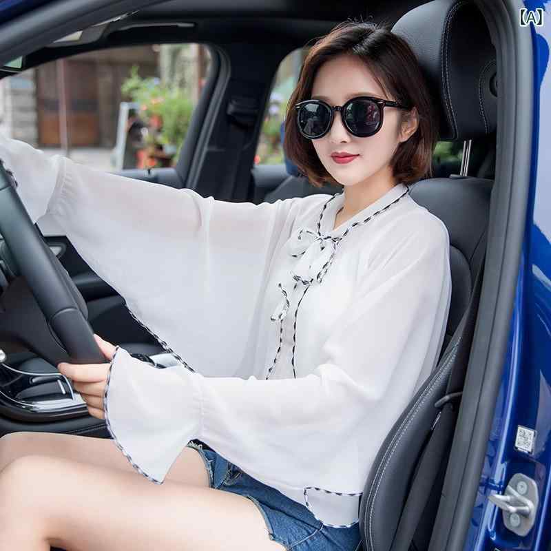 ショール レディース UVカット 日よけ 夏 長袖 フリル シフォン 薄手 通気性 接触冷感 吸湿速乾 軽量 サイクリング 自転車 羽織り ポリエステル シンプル 切り替え ストール 普段使い