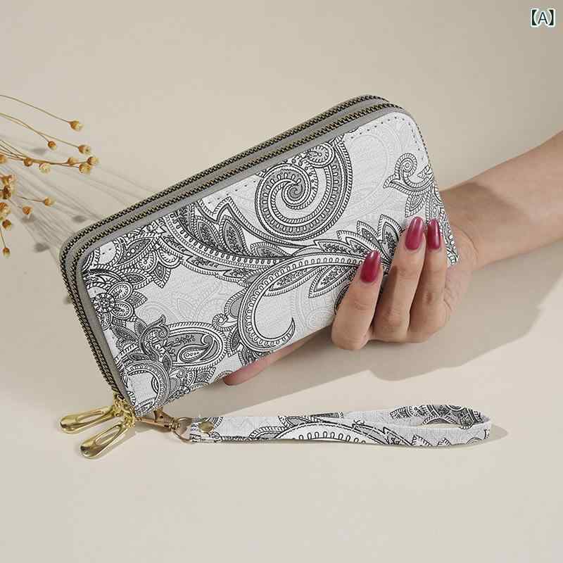 財布 ウォレット レディース 女性用 レトロ 花柄 プリント フリル 上品 エレガント ダブルファスナー 大容量 収納力抜群 スマホ収納 PUレザー グレー アイボリー レッド 普段使い お出かけ
