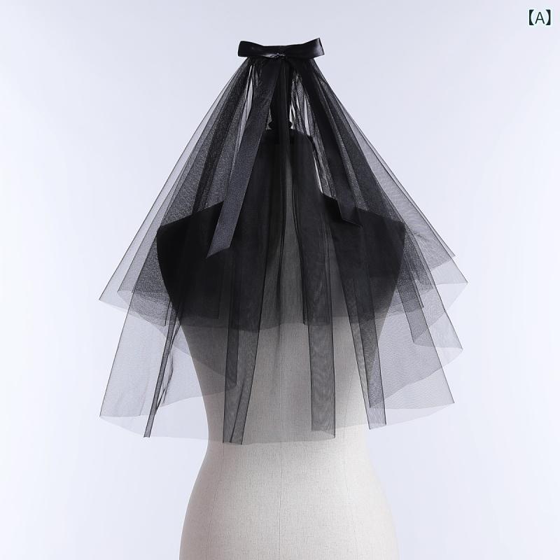 ベール レディース ハロウィン ゴーストブライド ゴシック ブライダル コスプレ ショート丈 リボン ヘッドドレス 撮影小道具 フェイスベール ブラック イベント 仮装 布製 シンプル 二重 ハンドメイド