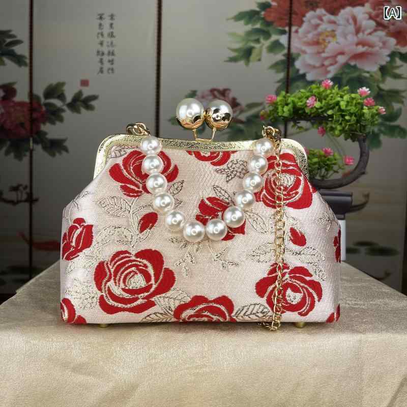 バッグ 女性用 中華風 チャイナドレス イブニング パーティ 普段使い ミニ ハンドバッグ ショルダーバッグ 斜め掛け 3WAY ポリエステル スクエア型 縦型 ロック金具 内ポケット 型崩れしにくい 金葉ローズ柄