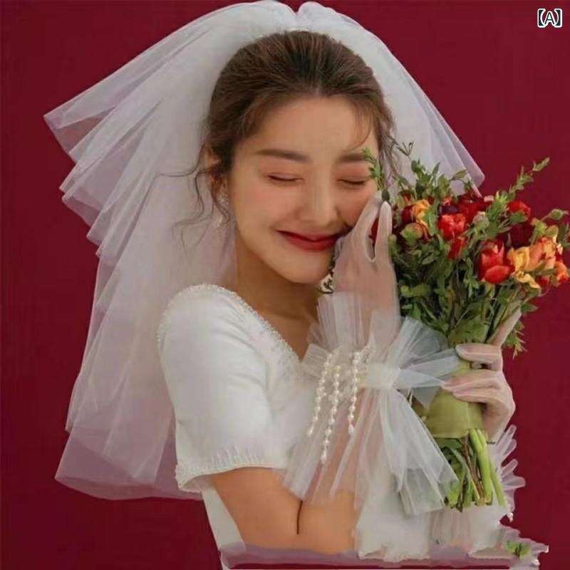 ベール レディース 白 花嫁 ウェディング ブライダル ショート丈 多層 フェイスベール チュール ふんわり ボリューム感 韓国風 ナチュラル エレガント 結婚式 前撮り 挙式 フォトウェディング