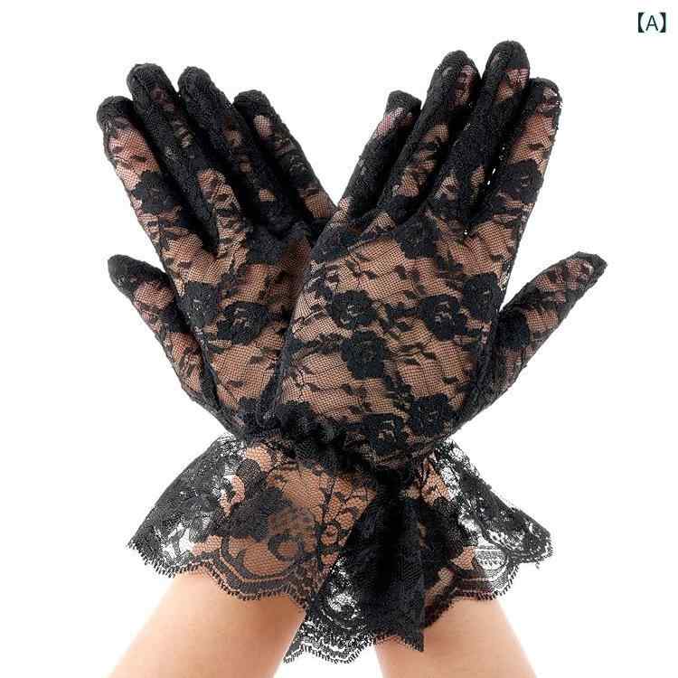 手袋 レディース 花柄レース グローブ セクシー ショート丈 ブライダル 結婚式 ドライブ 運転 サイクリング ハロウィン コスプレ 日焼け防止 紫外線対策 UVカット ブラック 黒