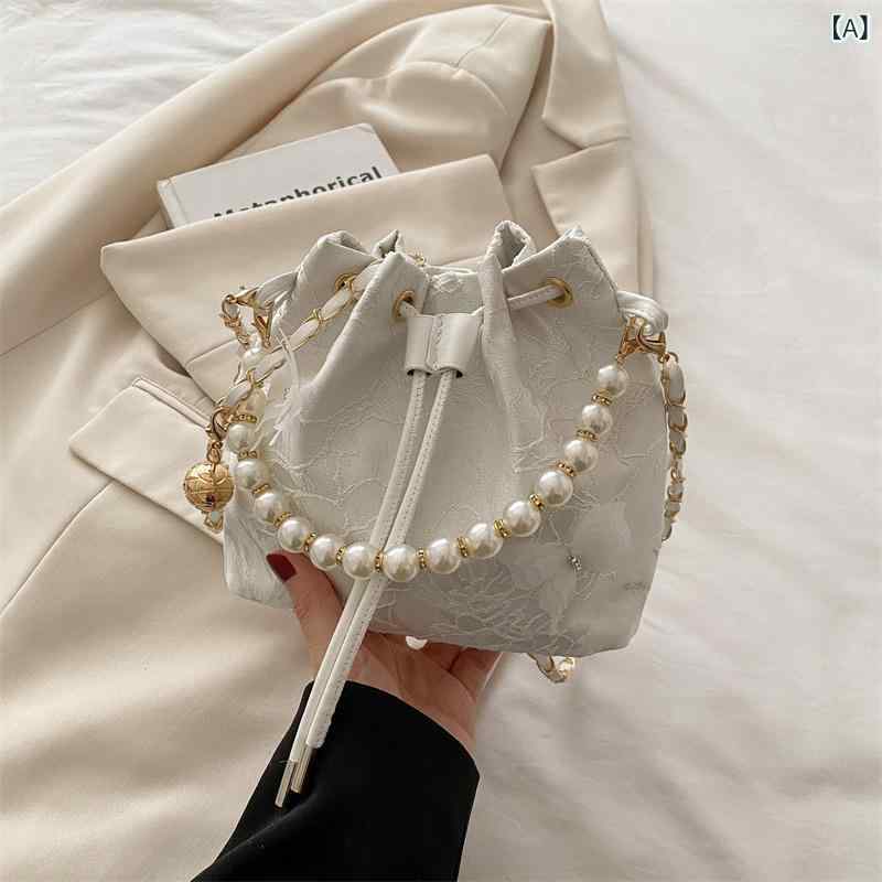 鞄 レディース ニューチャイニーズスタイル バケット ミニ ショルダーバッグ チャイナドレス風 パール 高級感 中国風 ハンドバッグ PUレザー 合成皮革 巾着 ドローストリング 柔らかい 内ポケット スマホポケット デイリーユース 普段使い お出かけ