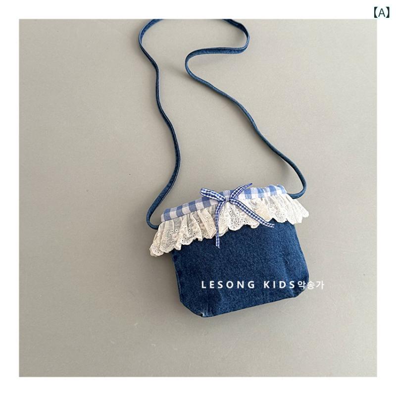 バッグ キッズ 女の子 韓国風 かわいい レースフリル ウォッシュドデニム ショルダーバッグ 斜めがけ ..
