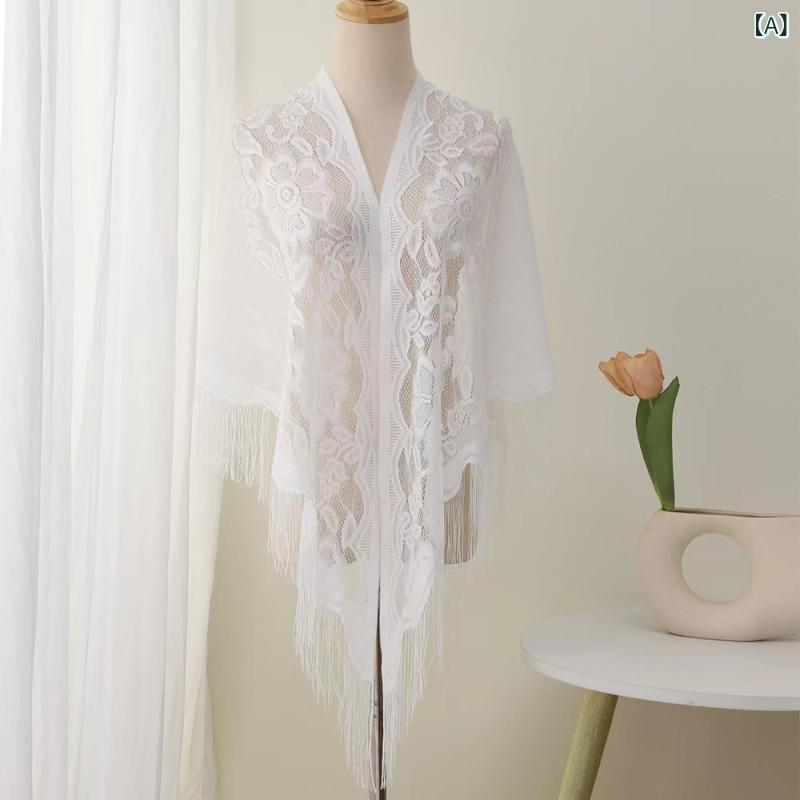 ショール レディース 大判 三角 フリンジ レース 透かし編み 無地 ストール スカーフ ポリエステル フ..