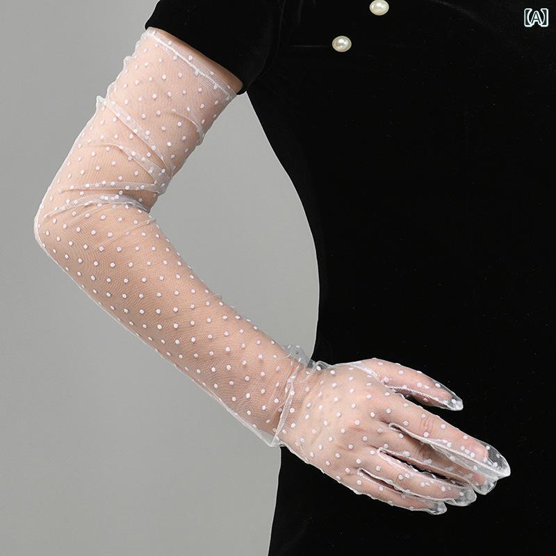 グローブ レディース 女性用 ロンググローブ チュール メッシュ レース 薄手 シアー 透け感 ドット柄 ..
