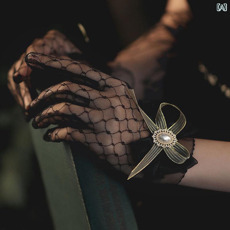 グローブ ブライダル ウェディング 結婚式 披露宴 パーティー 発表会 演奏会 韓国風 レトロ ヴィンテージ レース 薄手 ショート丈 ブラック ドレス フォーマル チャイナドレス 手袋 春夏