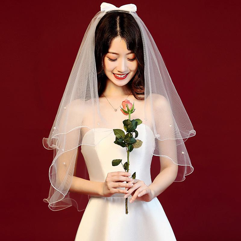 ヘッドドレス ウエディング ベール 花嫁 ショート丈 リボン ふんわり ボリューム 多層段 パール ホワイ..