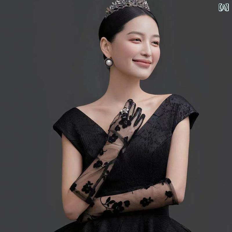手袋 レディース ブラック ミドル丈 約45cm丈 チュール レース シアー 透け感 花柄 フラワーモチーフ ..