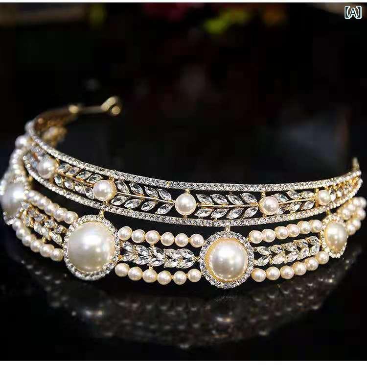 ヘアアクセサリー 花嫁 ブライダル 冠 クラウン ティアラ クリスタル パール 欧米風 エレガント 結婚式 ウェディングフォト パーティー 髪飾り ゴールド メタル