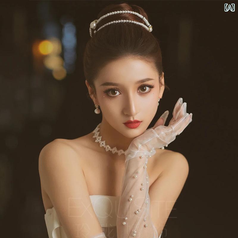 ウェディンググローブ レディース ブライダル 結婚式 花嫁 ロング フルフィンガー パール チュール ビ..