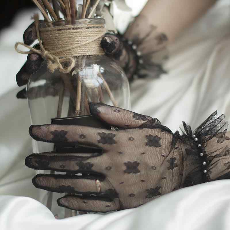 グローブ レディース ブラック レース パール チュール 伸縮性 ショート丈 エレガント ブライダル ウェ..