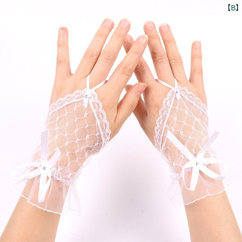 narukiの手袋 レディース 指なし レース フリル グローブ ブライダル ウェディング 結婚式 ハロウィン ロリータ ダンス イベント アームカバー チュール リボン ブラック 春夏｜アングル2