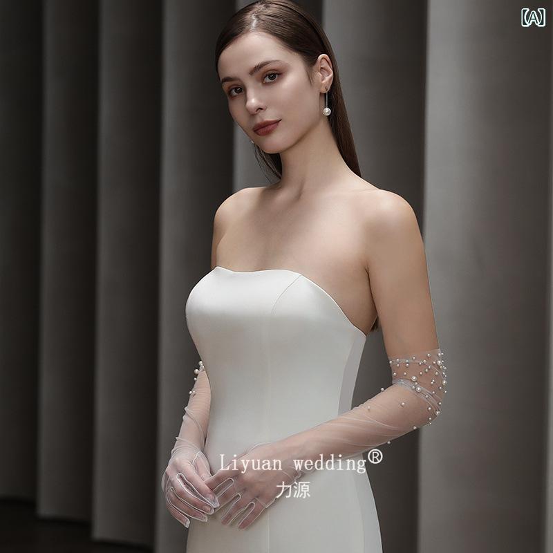 グローブ レディース パール ロング チュール シアー オフホワイト ウェディング ブライダル 結婚式 花嫁 プリンセス コスプレ パーティー 演奏会 発表会 撮影 エレガント 高級感 薄手 手袋(x2)