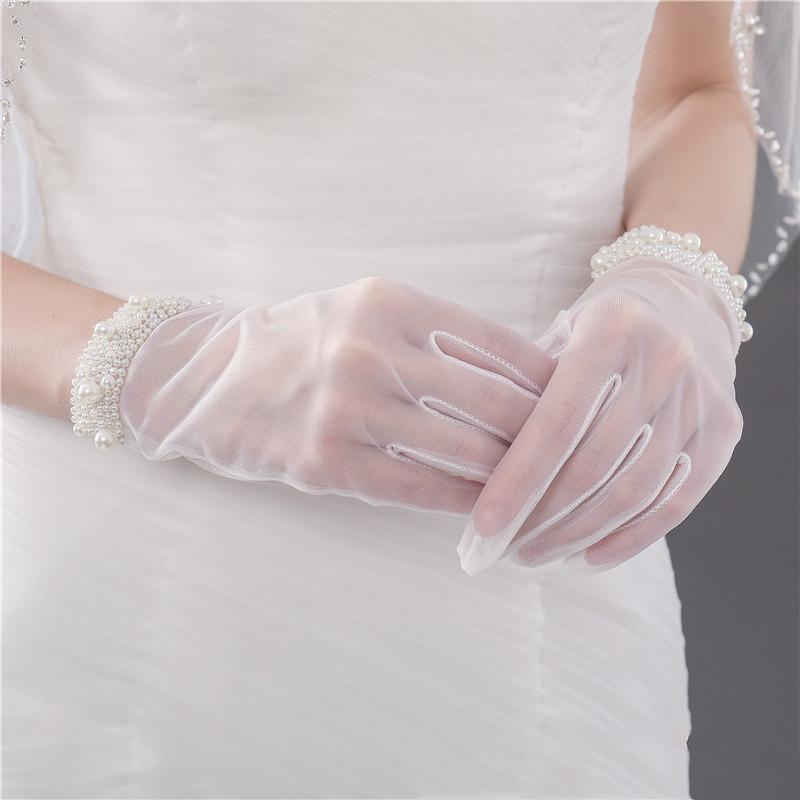 手袋 レディース ウェディンググローブ ブライダル 花嫁 ショート丈 指あり チュール メッシュ パール装飾 韓国風 挙式 結婚式 白