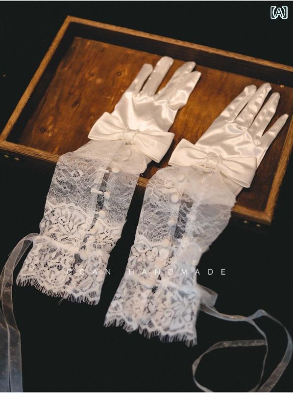 グローブ レディース 女性用 白 ホワイト レース サテン 光沢 切り替え リボン ロング ブライダル ウェディング 結婚式 ドレス パーティー 発表会 舞台 写真撮影 フォトウェディング アクセサリー 小物 エレガント 華やか