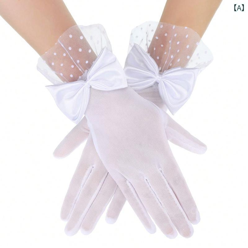 手袋 レディース 女性用 メッシュ チュール素材 薄手 シアー リボン ショート丈 結婚式 ティーパーティ..