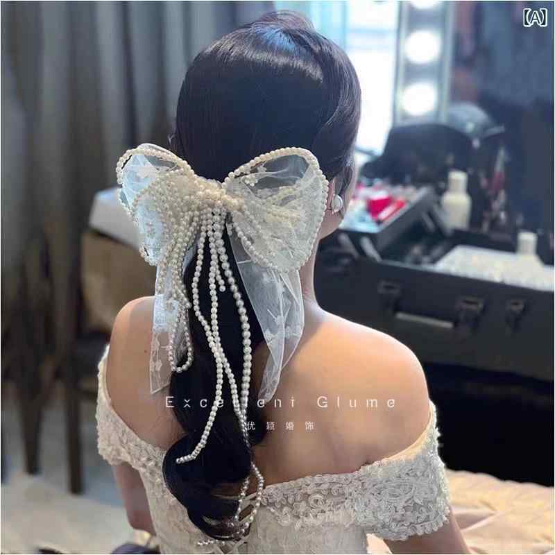 ヘッドドレス 花嫁用 レディース 韓国風 大ぶり レース パール リボンモチーフ ハンドメイド ヘアクリ..