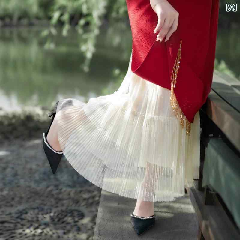 スカート レディース オールシーズン 着回し フェミニン リボン デザイン チュール Aライン ロング ミ..