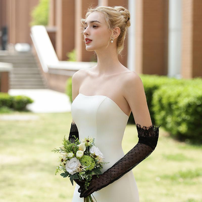 グローブ レディース ブライダル ウェディング 花嫁 ストレッチサテン レース 指あり シンプル 通気性 ..