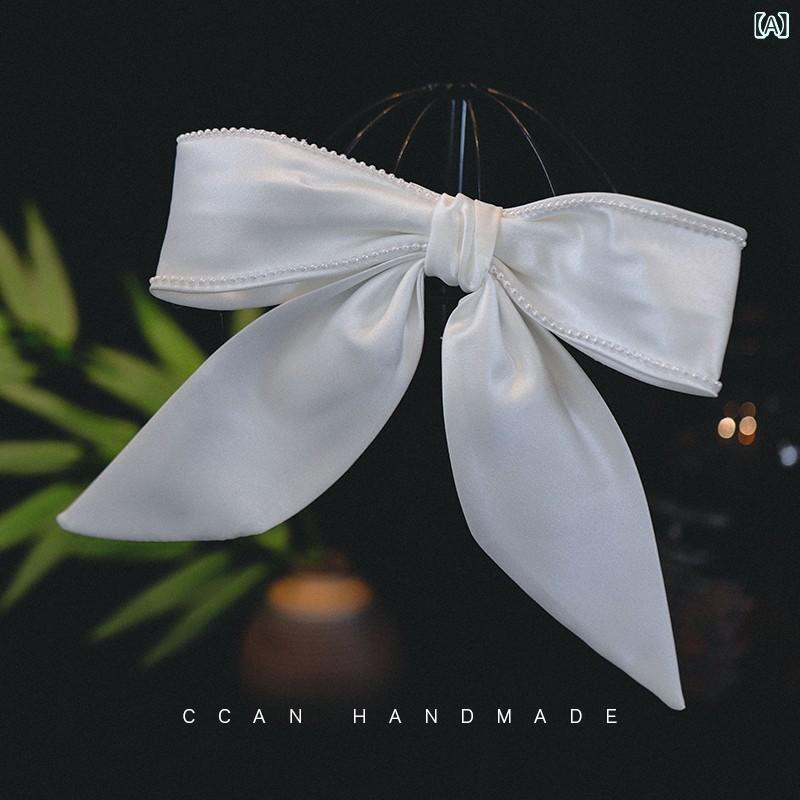 髪飾り レディース 女性用 サテン リボン パール イヤリング ヘアクリップ セット 花嫁 ブライダル ウ..