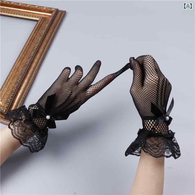 グローブ レディース 伸縮性 フィッシュネット レース シアー 透け感 五本指 ロリータ ブライダル ダン..