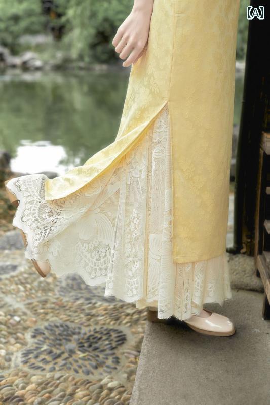 ペチコート チャイナドレス インナー レース メッシュ ロング丈ストレート ウエストゴム レトロ ヴィン..