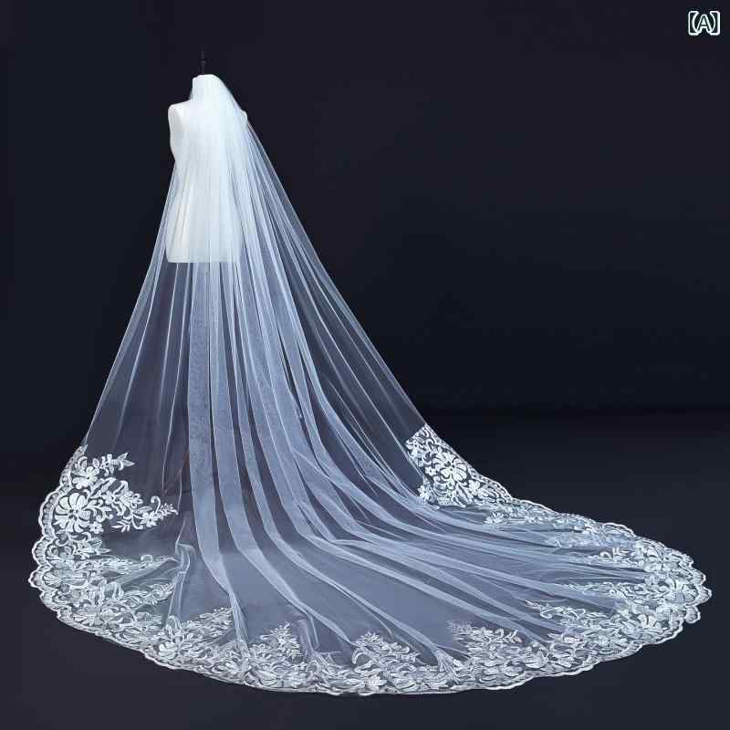 ウェディングベール レディース ロングトレーン 大聖堂スタイル 大きなレース花柄 チュール ホワイト ..